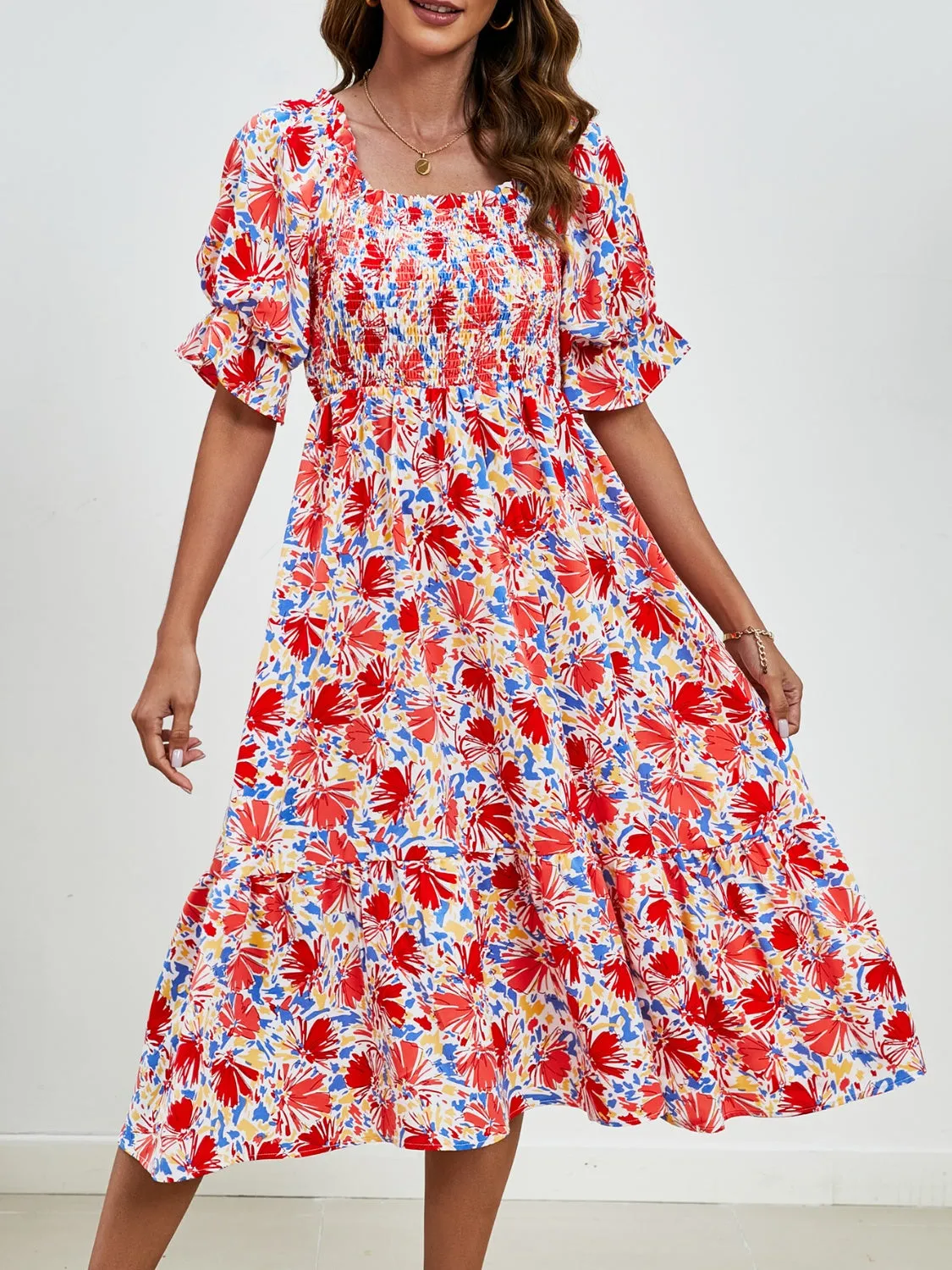 Emerson Smocked Floral Square Neck Short Sleeve Dress