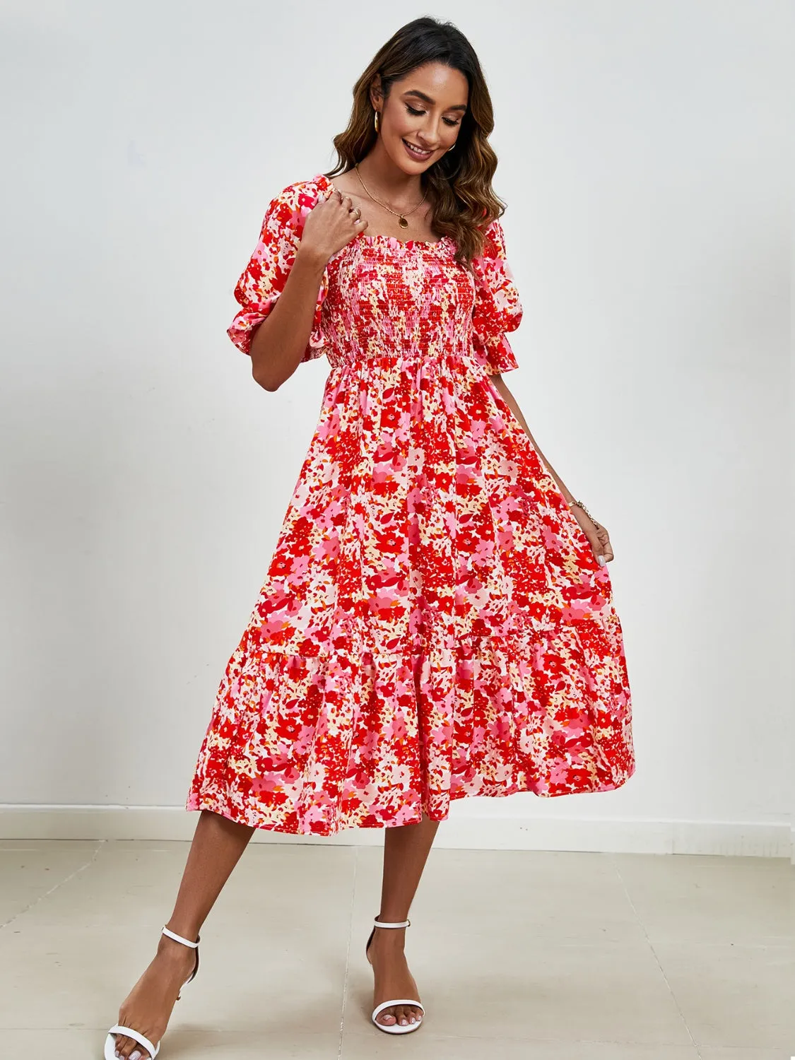 Emerson Smocked Floral Square Neck Short Sleeve Dress