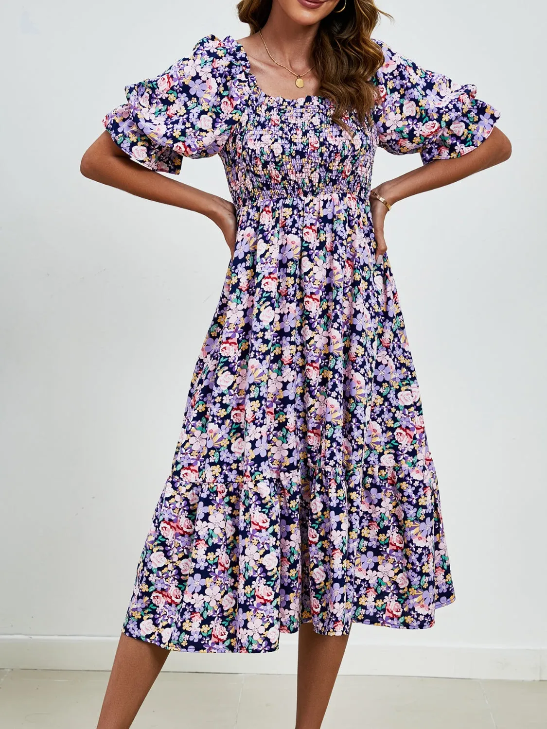 Emerson Smocked Floral Square Neck Short Sleeve Dress