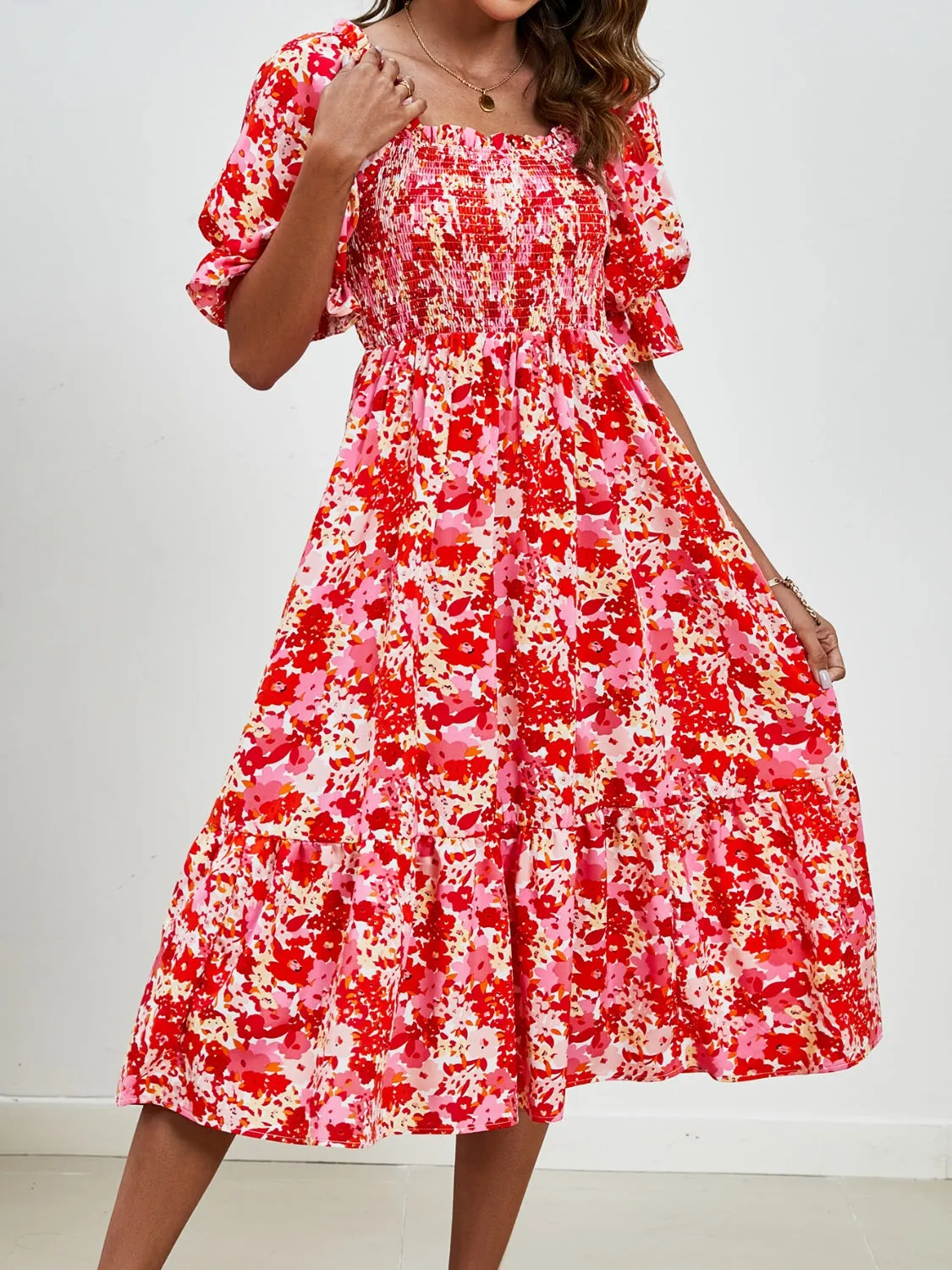 Emerson Smocked Floral Square Neck Short Sleeve Dress