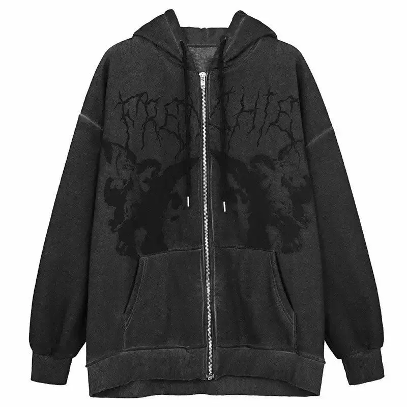 Fairy Grunge Aesthetic Zip-Up Hoodie with Dual Front Pockets