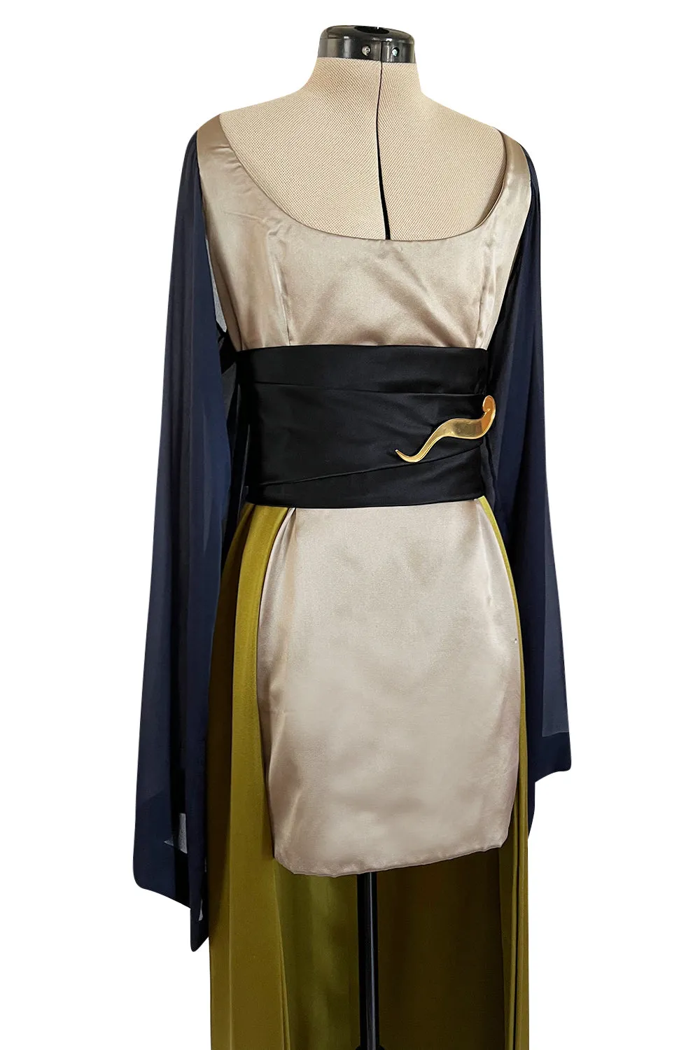 Fall 1994 Guy Laroche Haute Couture Runway Wide Sleeve Dress w Cumberbund & Back Skirt Panel
