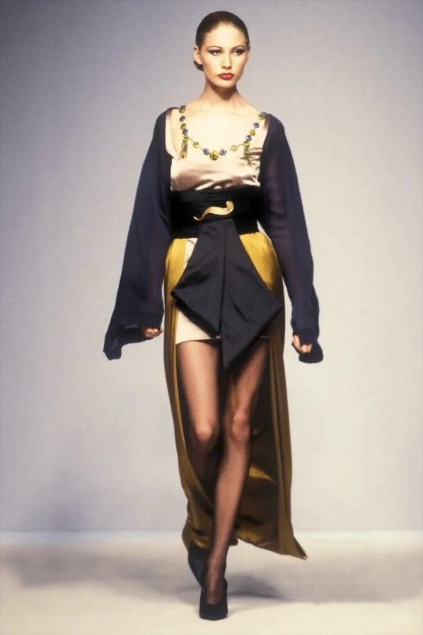 Fall 1994 Guy Laroche Haute Couture Runway Wide Sleeve Dress w Cumberbund & Back Skirt Panel