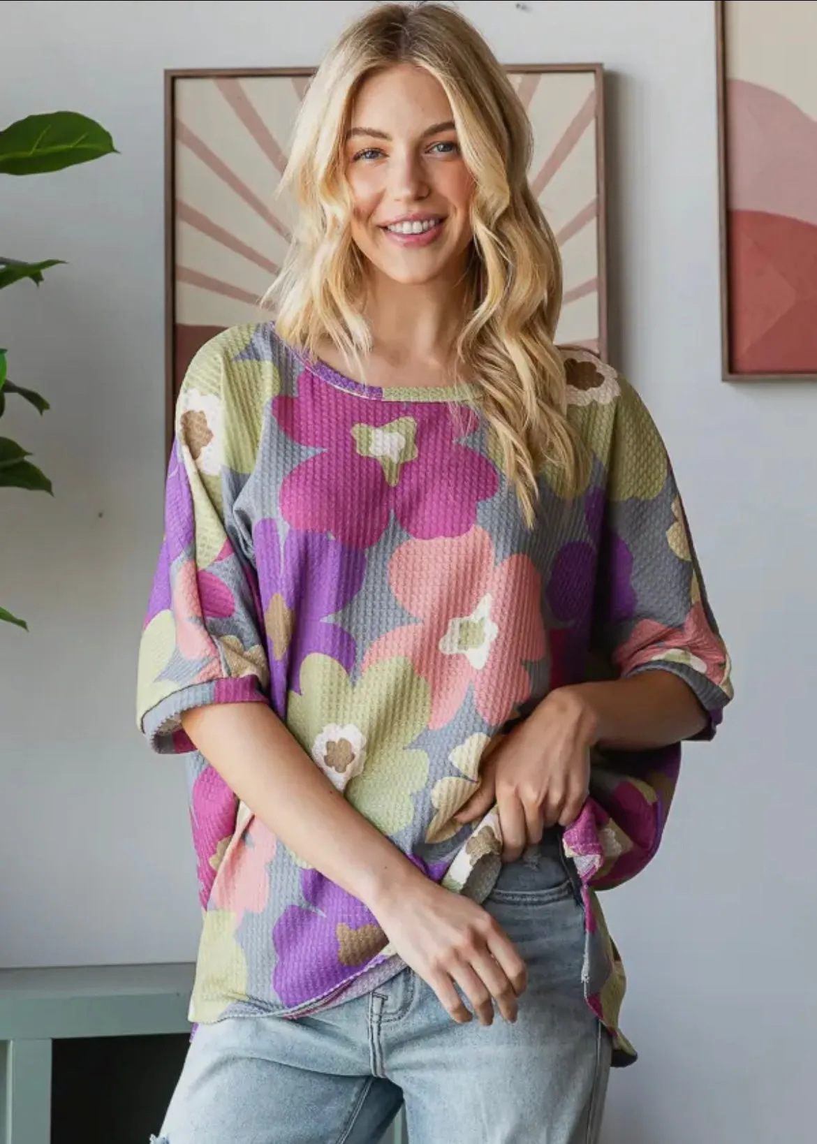 Fall Florals Oversized Top - Grey