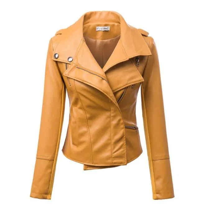 Fashion Women Motorcycle PU Leather Jackets Female Autumn Short Epaulet Zippers Coat Black White Yellow Outwear
