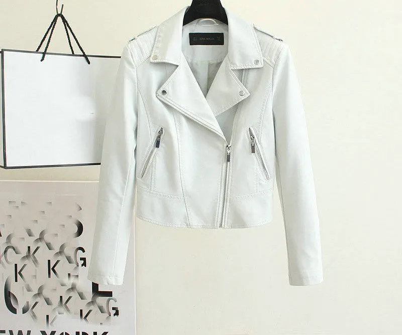 Fashion Women Motorcycle PU Leather Jackets Female Autumn Short Epaulet Zippers Coat Black White Yellow Outwear
