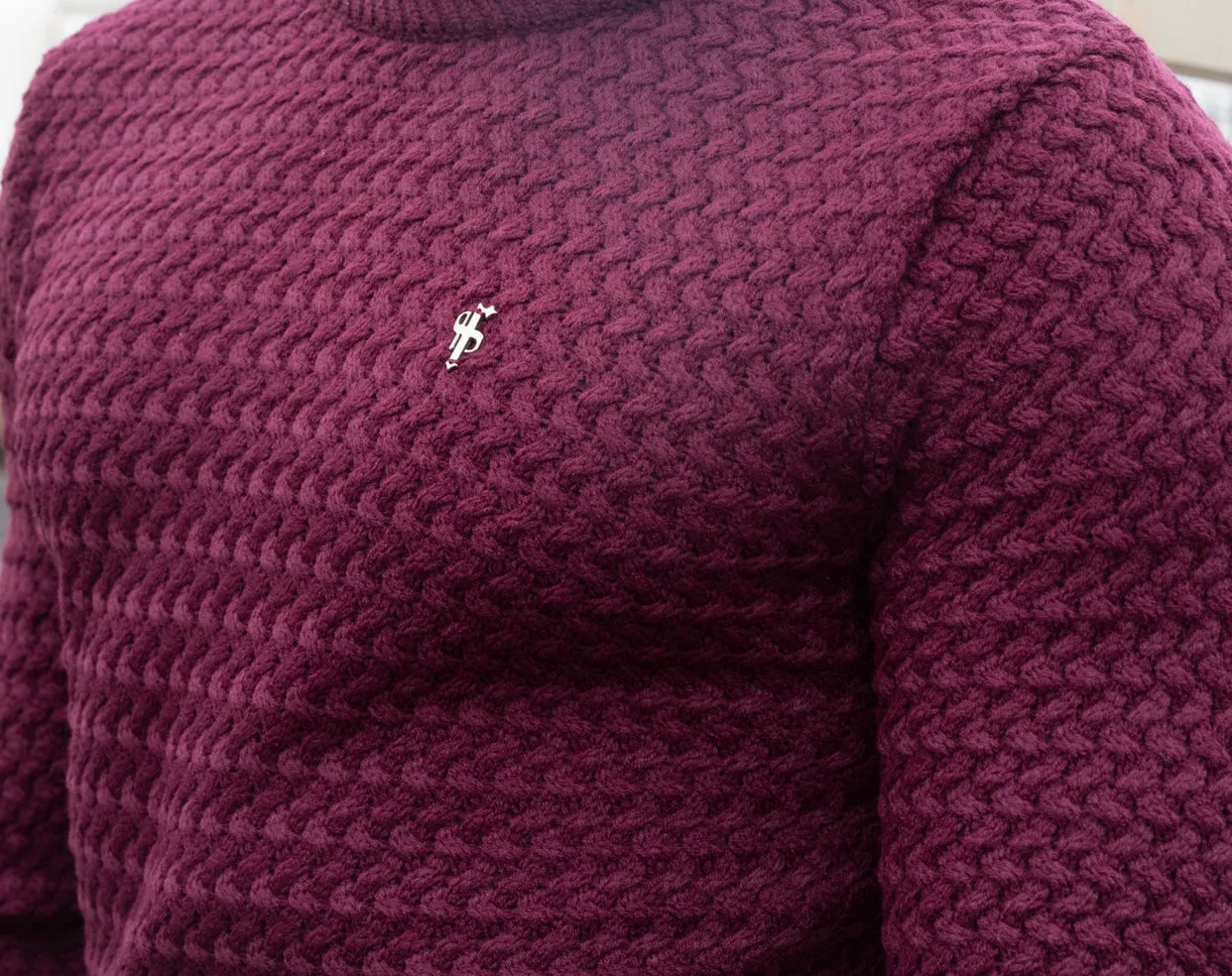 Father Sons Burgundy Knitted Weave Super Slim Jumper With Metal Decal - FSJ017