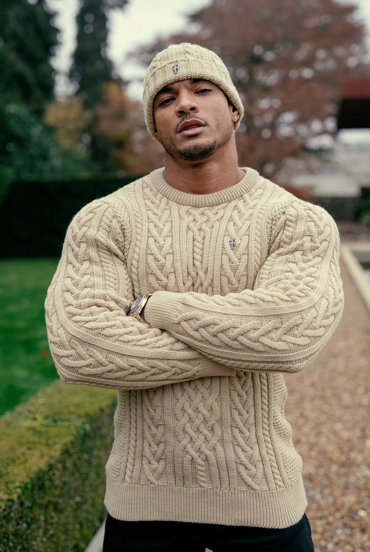 Father Sons Oatmeal Twisted Braid Weave Super Slim Jumper With Gunmetal Decal - FSJ044
