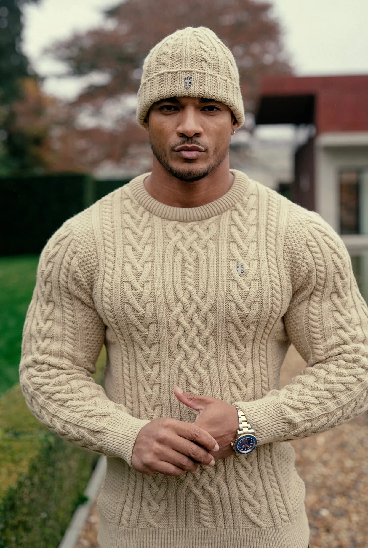 Father Sons Oatmeal Twisted Braid Weave Super Slim Jumper With Gunmetal Decal - FSJ044