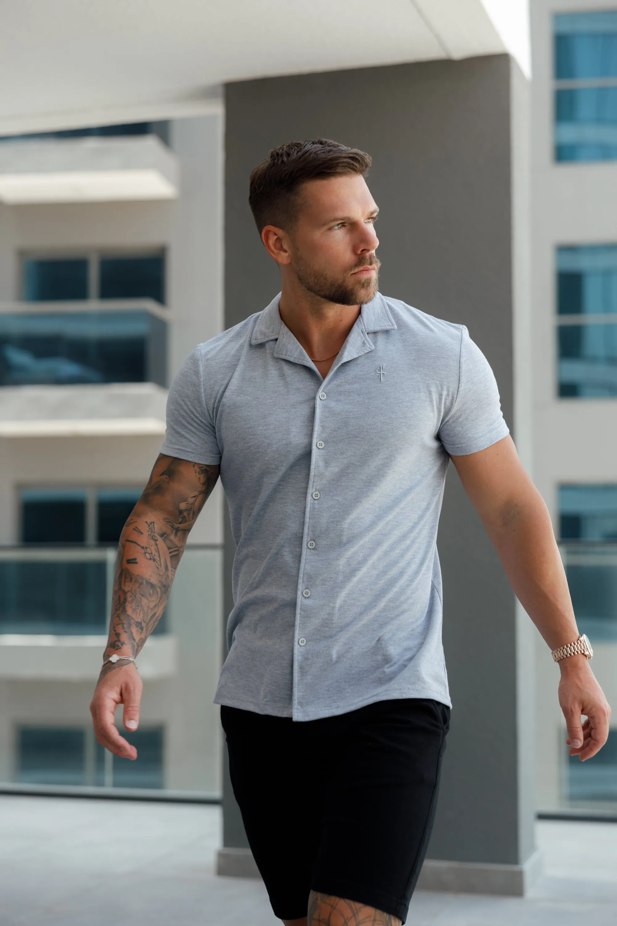 Father Sons Stretch Light Grey Pique Revere Shirt Short Sleeve - FSH1072