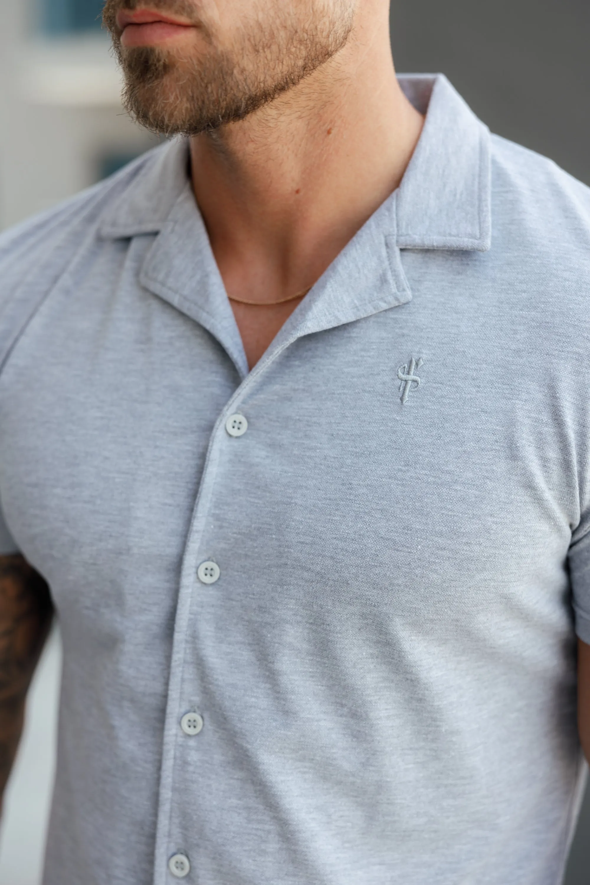 Father Sons Stretch Light Grey Pique Revere Shirt Short Sleeve - FSH1072