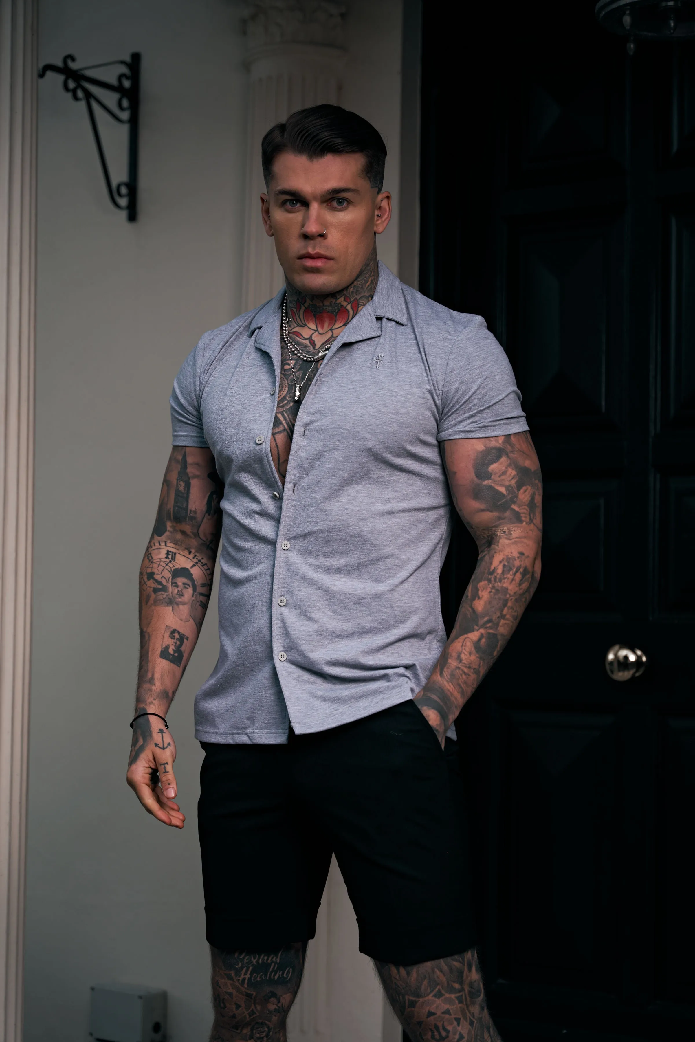 Father Sons Stretch Light Grey Pique Revere Shirt Short Sleeve - FSH1072