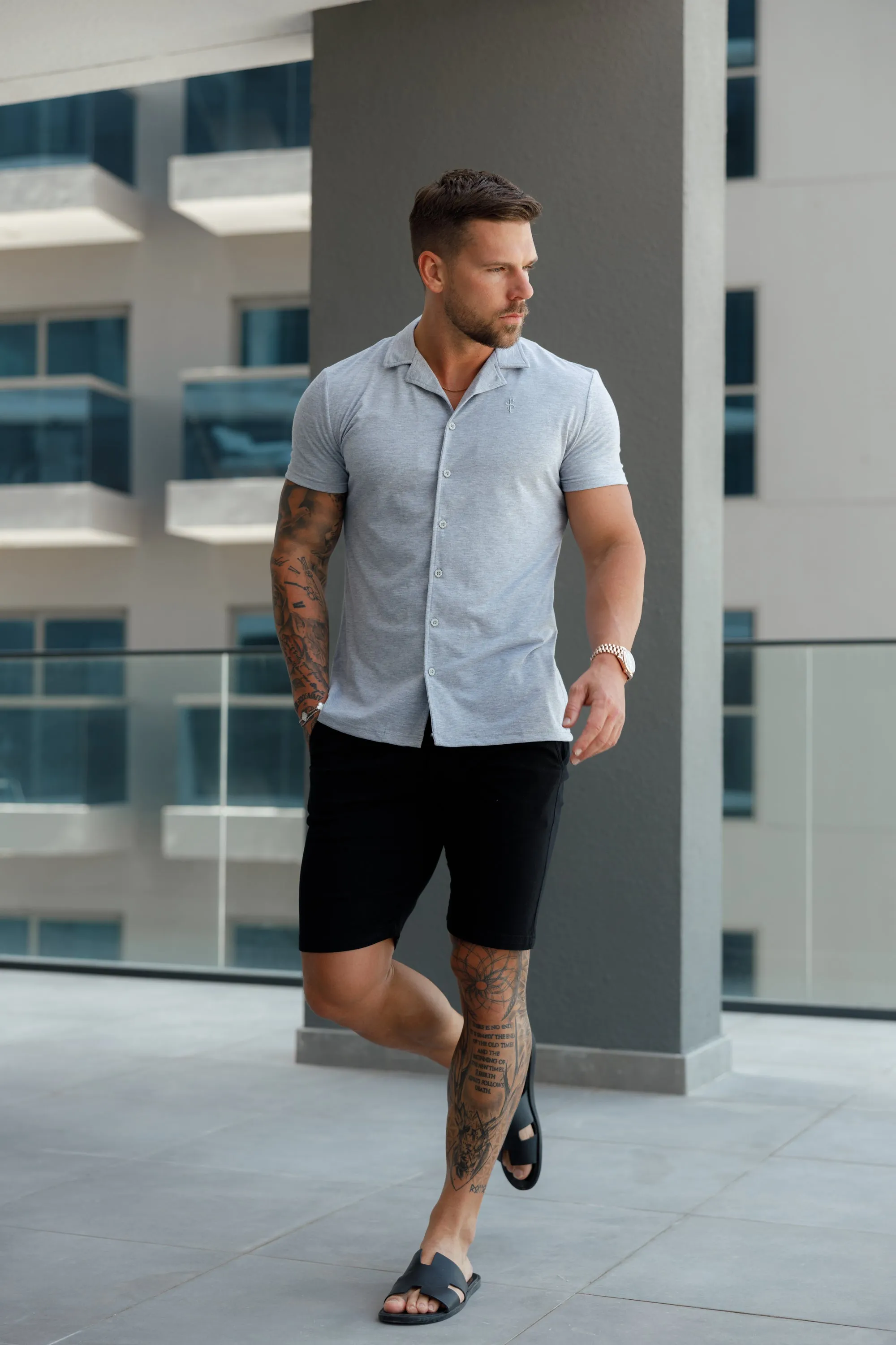 Father Sons Stretch Light Grey Pique Revere Shirt Short Sleeve - FSH1072