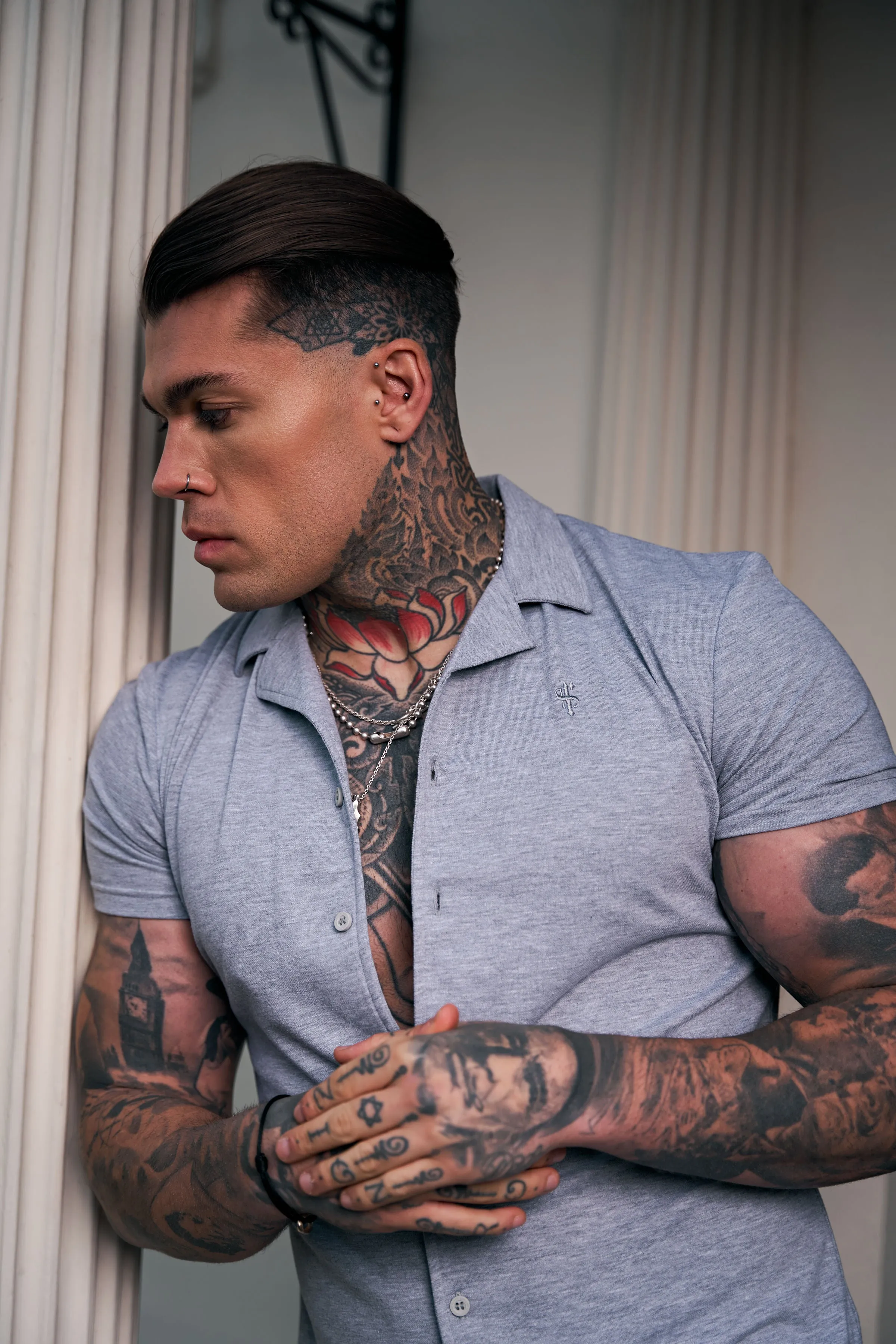 Father Sons Stretch Light Grey Pique Revere Shirt Short Sleeve - FSH1072