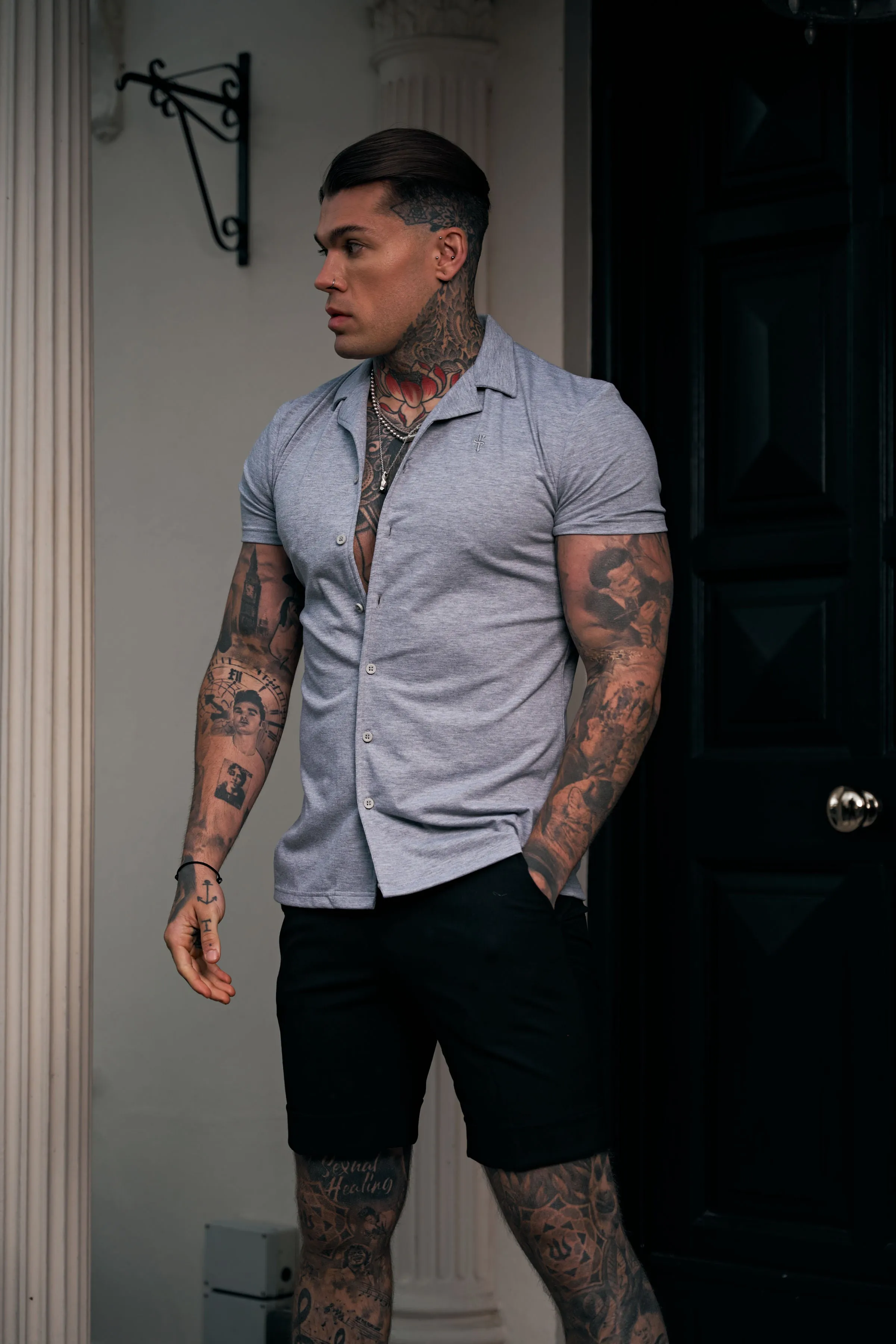 Father Sons Stretch Light Grey Pique Revere Shirt Short Sleeve - FSH1072