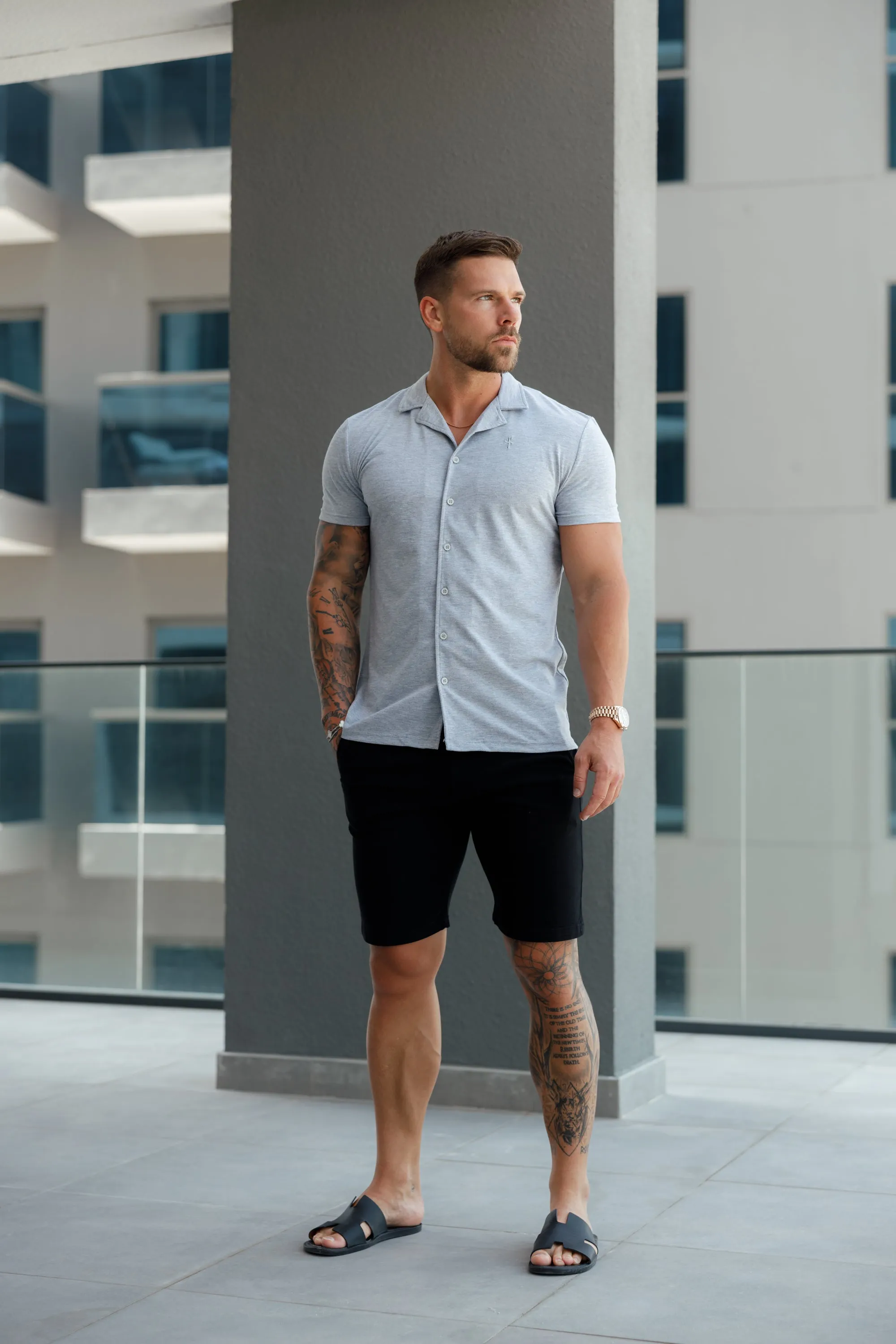 Father Sons Stretch Light Grey Pique Revere Shirt Short Sleeve - FSH1072