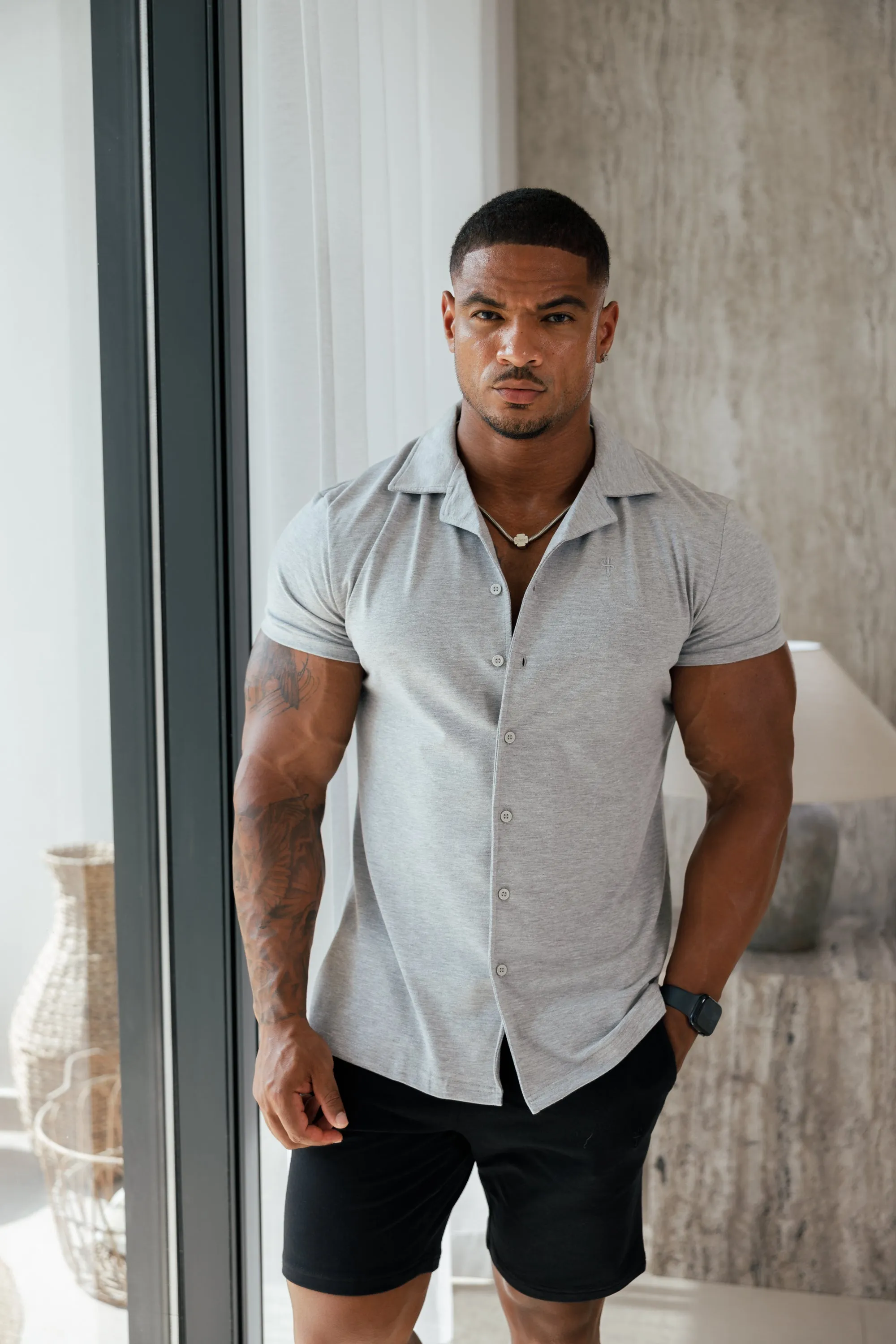 Father Sons Stretch Light Grey Pique Revere Shirt Short Sleeve - FSH1072