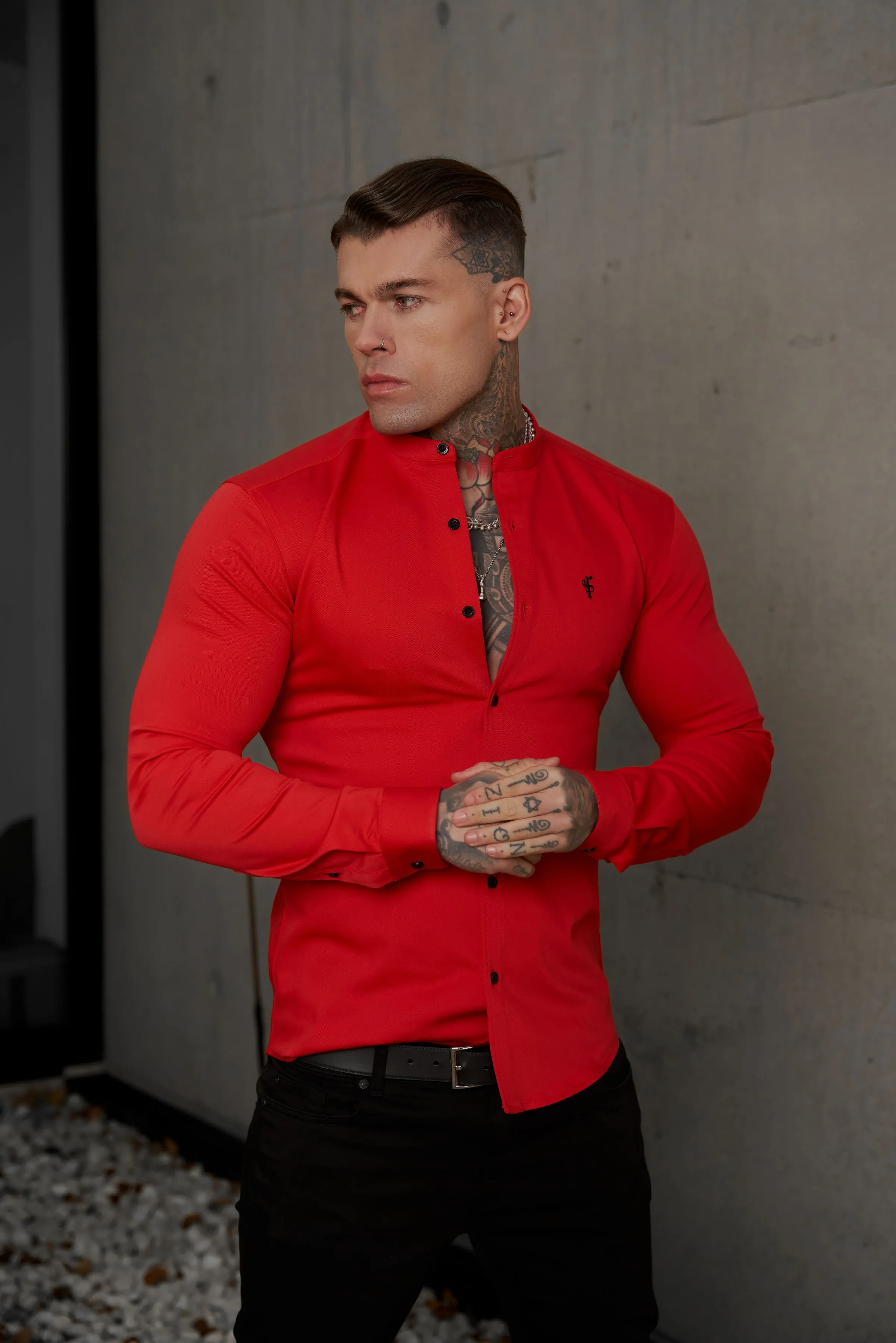 Father Sons Super Slim Denim Red Long Sleeve Stretch with Grandad Collar - FS1039