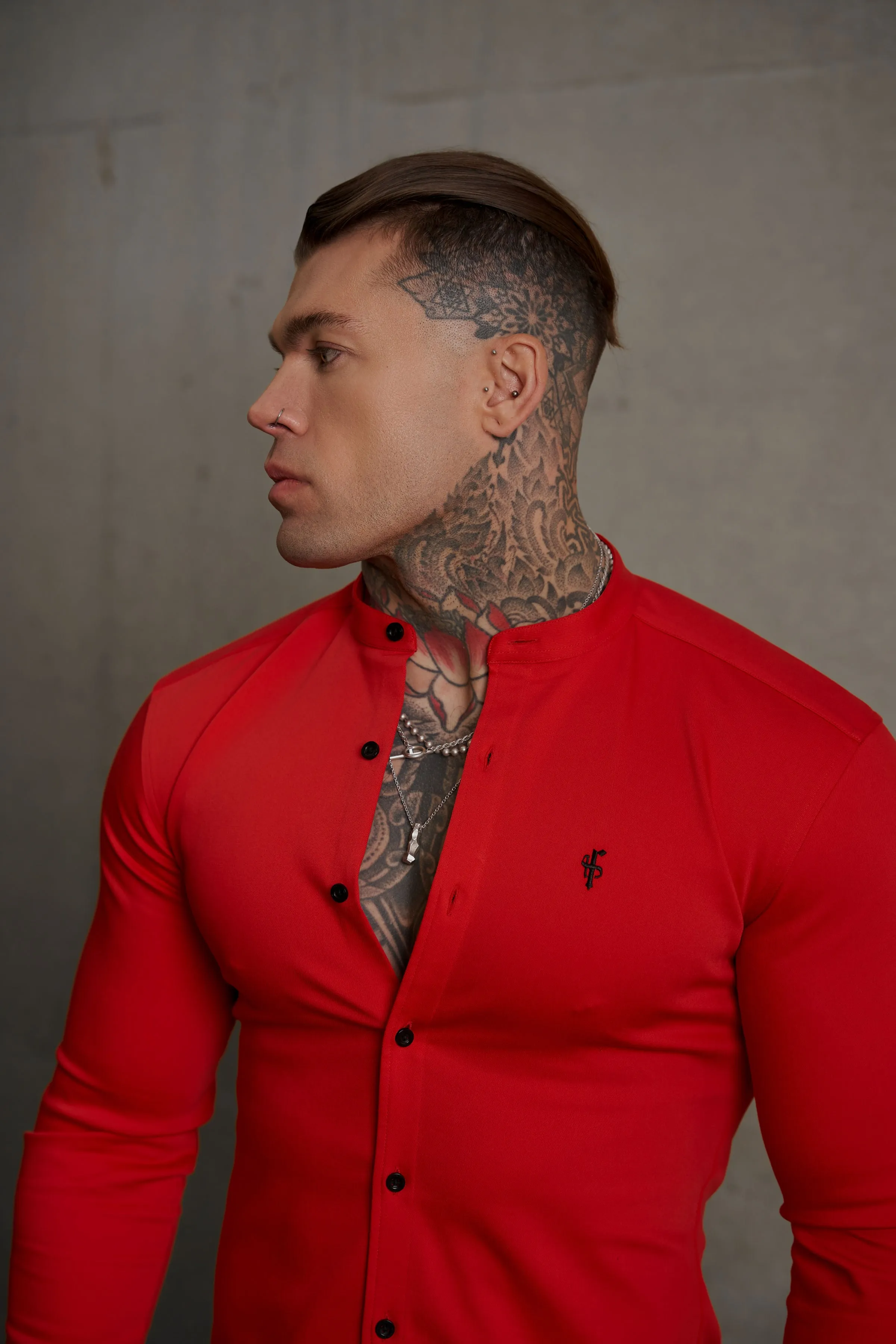 Father Sons Super Slim Denim Red Long Sleeve Stretch with Grandad Collar - FS1039