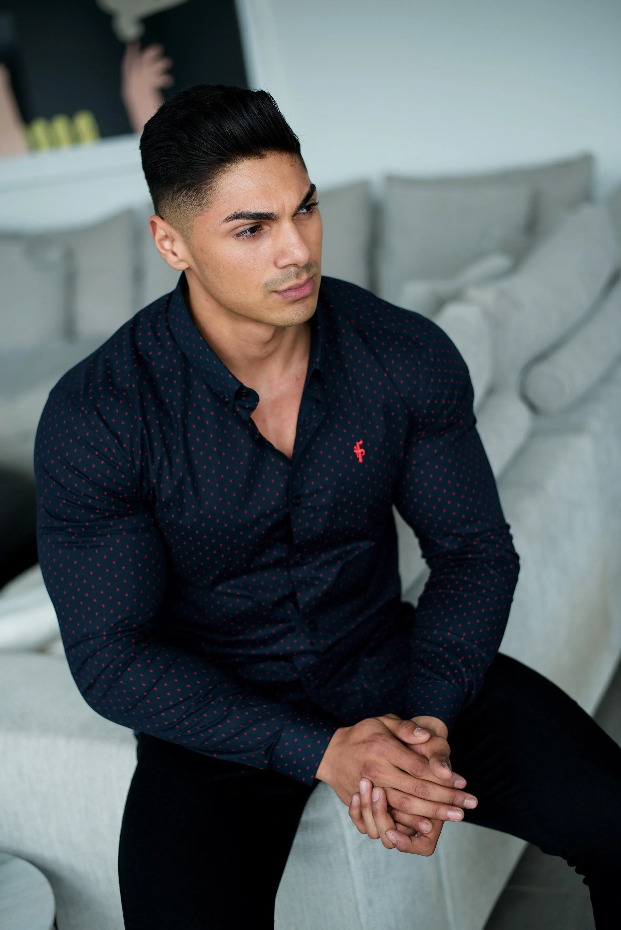 Father Sons Super Slim Stretch Navy & Red Ditsy Print Long Sleeve (Red Embroidery) - FS092R