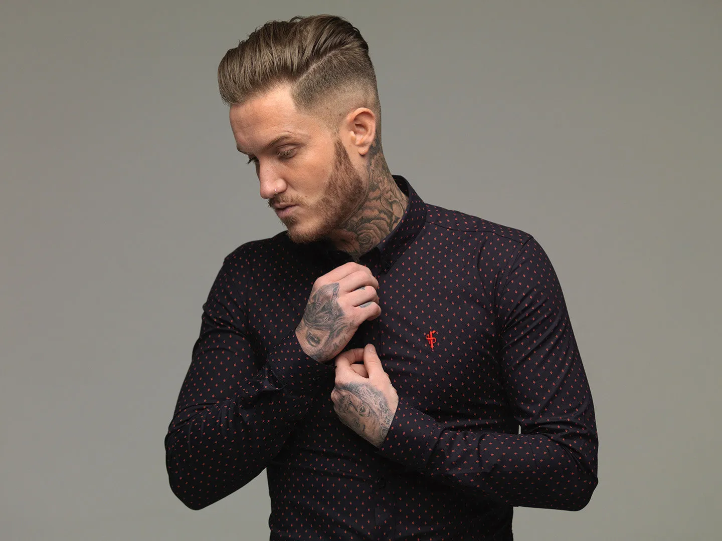 Father Sons Super Slim Stretch Navy & Red Ditsy Print Long Sleeve (Red Embroidery) - FS092R