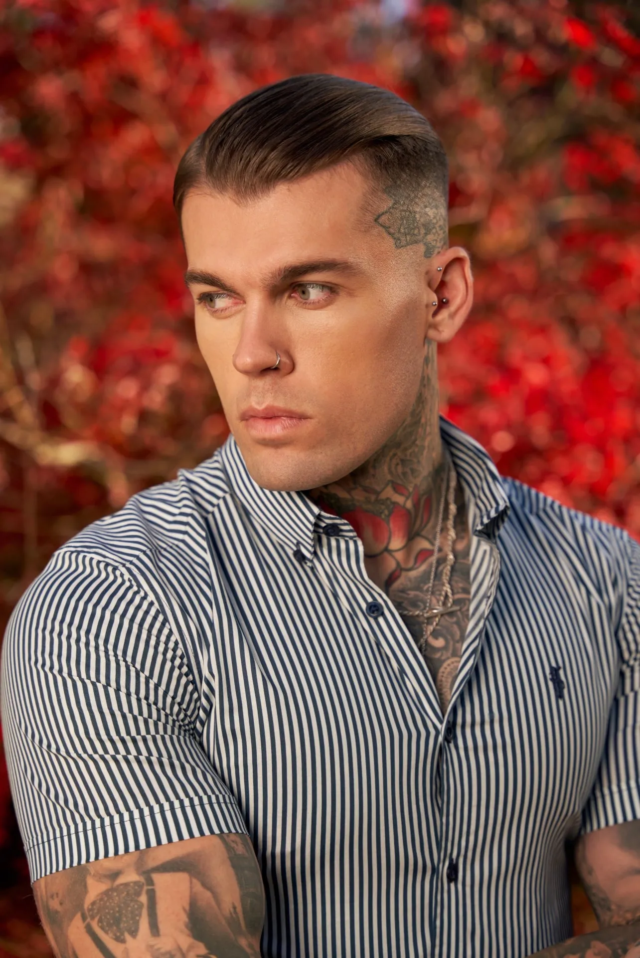 Father Sons Super Slim Stretch White / Navy Print Short Sleeve with Button Down Collar - FS919