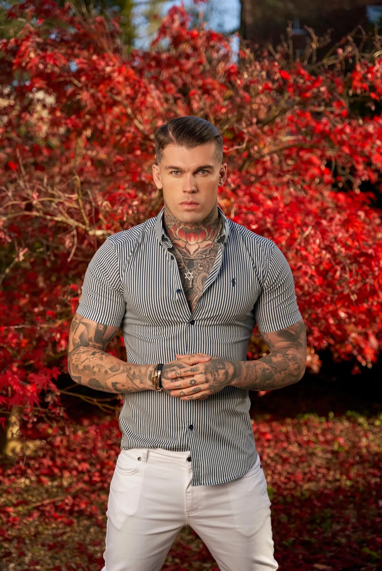 Father Sons Super Slim Stretch White / Navy Print Short Sleeve with Button Down Collar - FS919