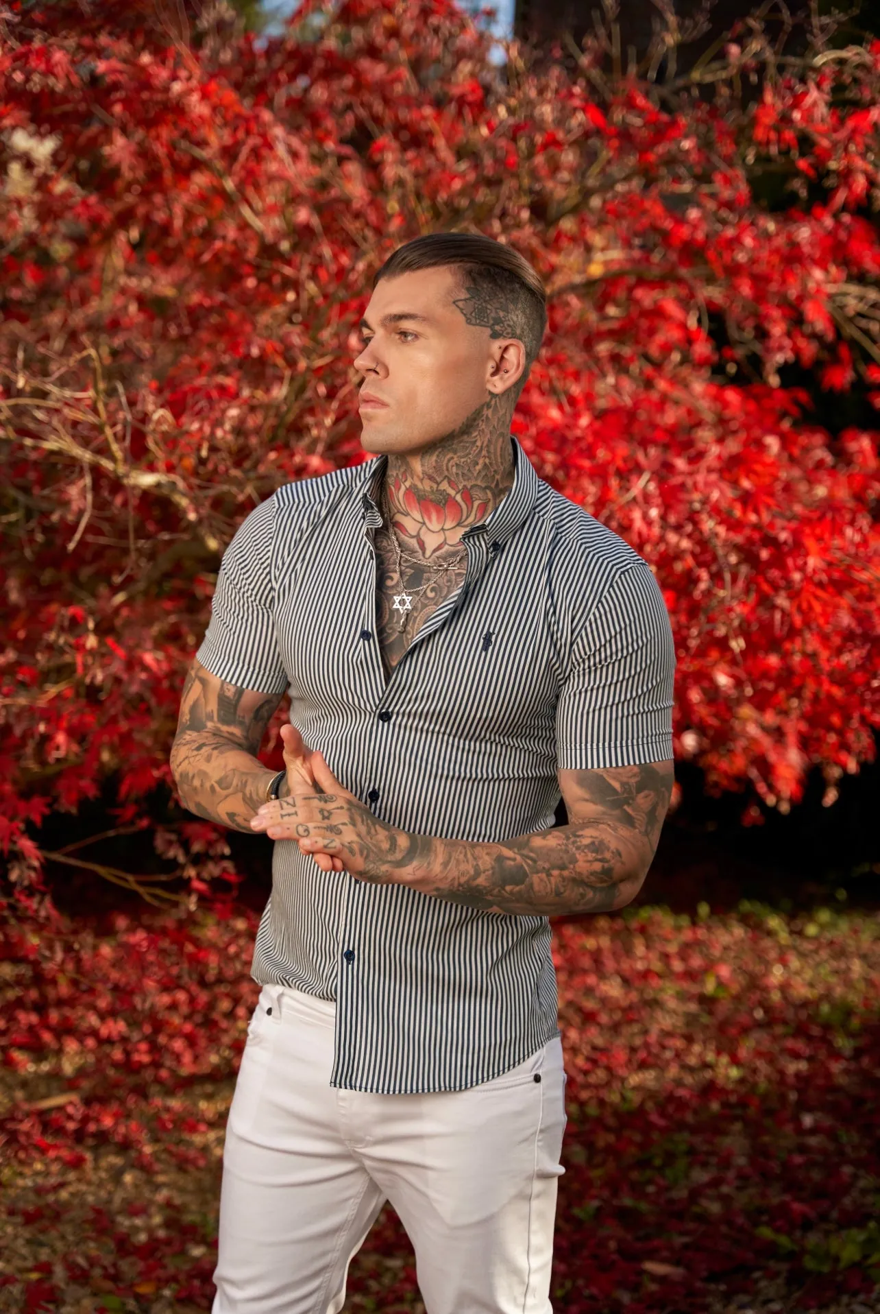 Father Sons Super Slim Stretch White / Navy Print Short Sleeve with Button Down Collar - FS919