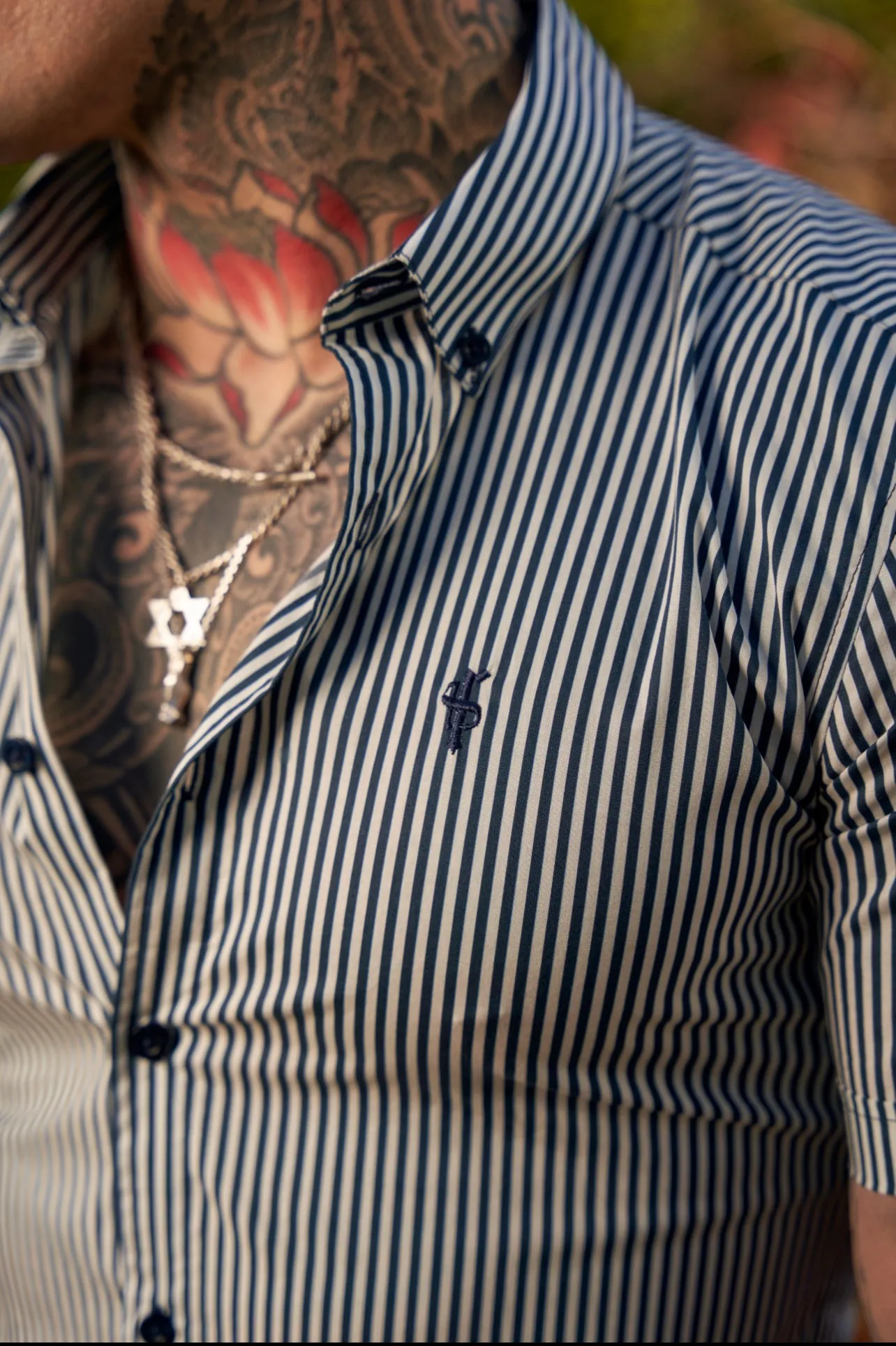 Father Sons Super Slim Stretch White / Navy Print Short Sleeve with Button Down Collar - FS919