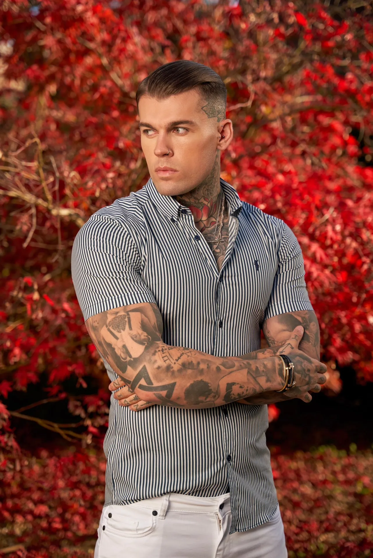 Father Sons Super Slim Stretch White / Navy Print Short Sleeve with Button Down Collar - FS919