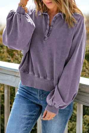 Felix Quarter-Snap Collared Lantern Sleeve Sweatshirt