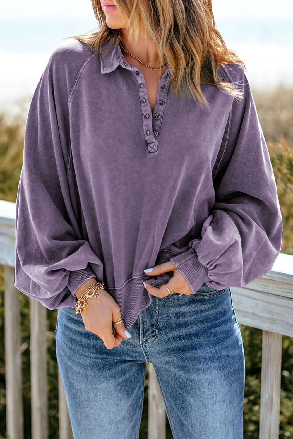 Felix Quarter-Snap Collared Lantern Sleeve Sweatshirt