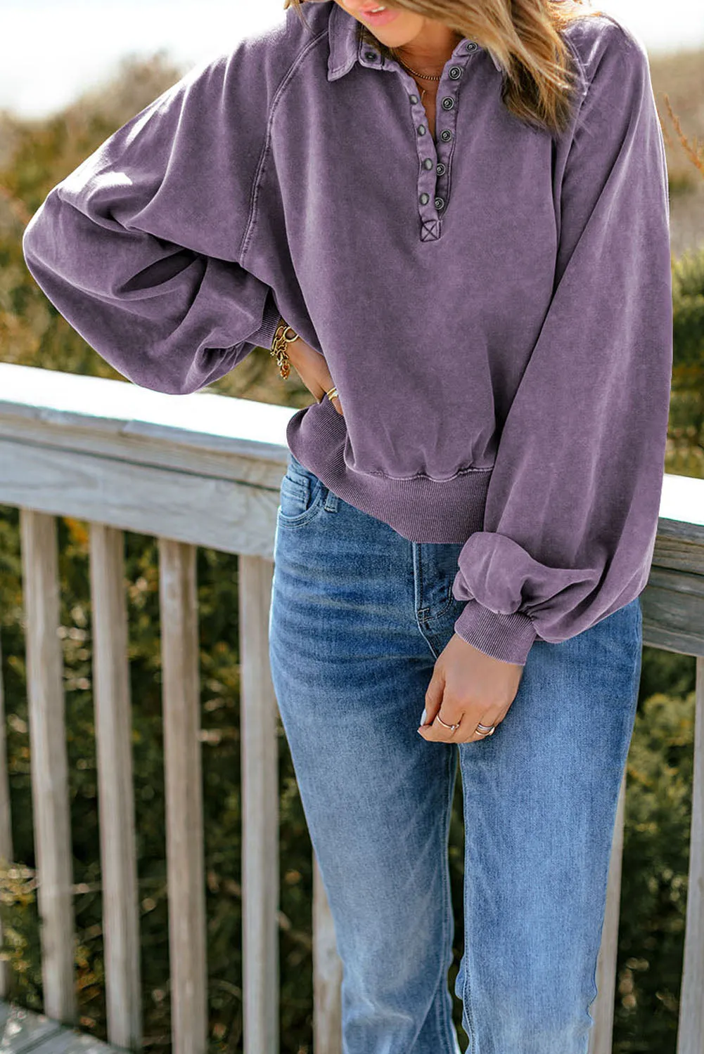 Felix Quarter-Snap Collared Lantern Sleeve Sweatshirt
