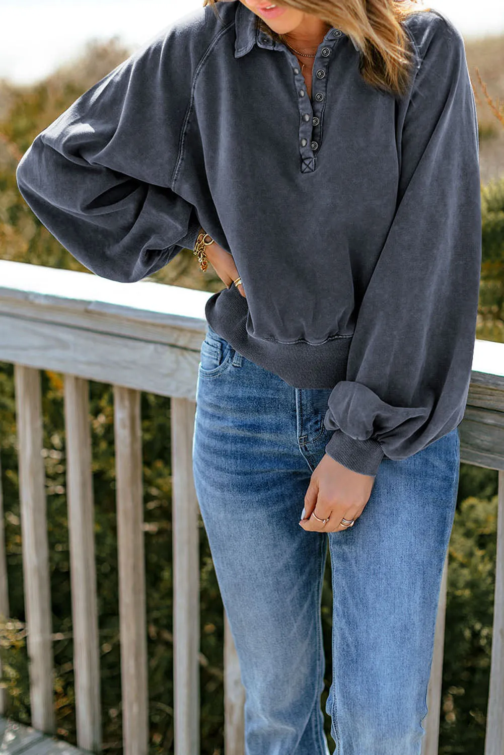 Felix Quarter-Snap Collared Lantern Sleeve Sweatshirt