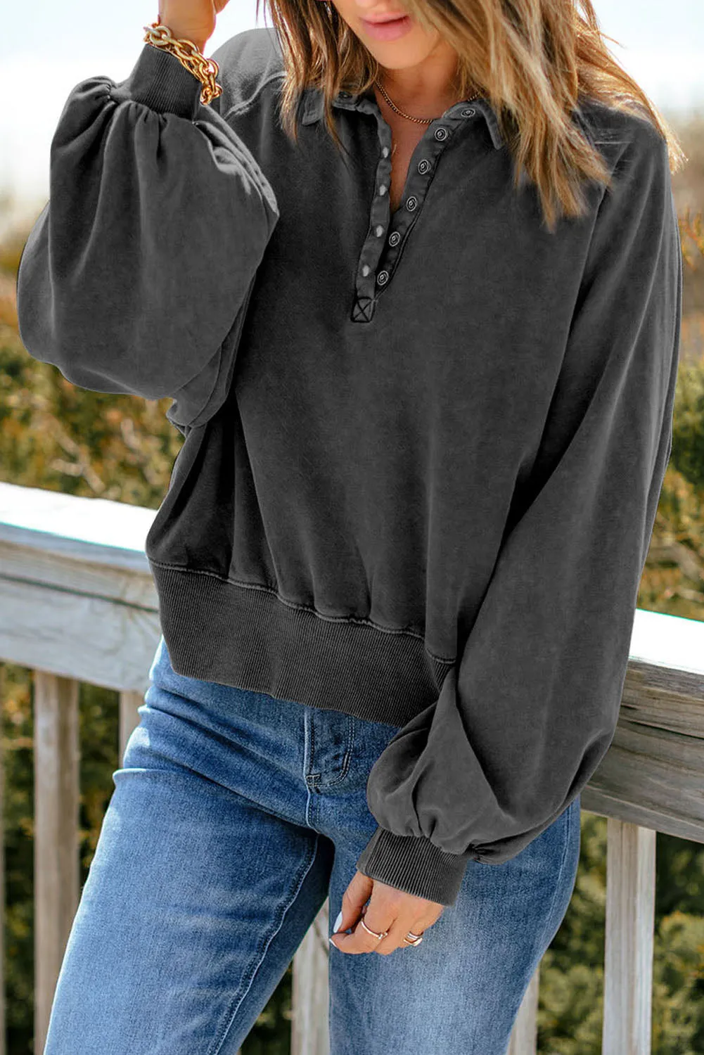 Felix Quarter-Snap Collared Lantern Sleeve Sweatshirt