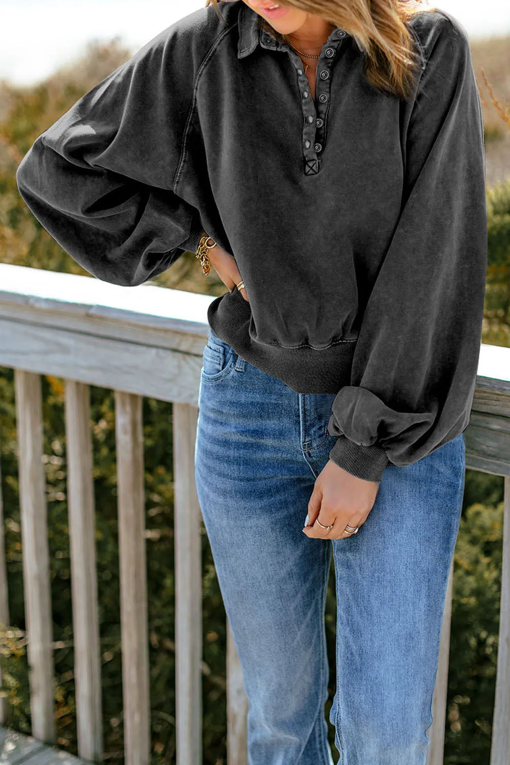 Felix Quarter-Snap Collared Lantern Sleeve Sweatshirt