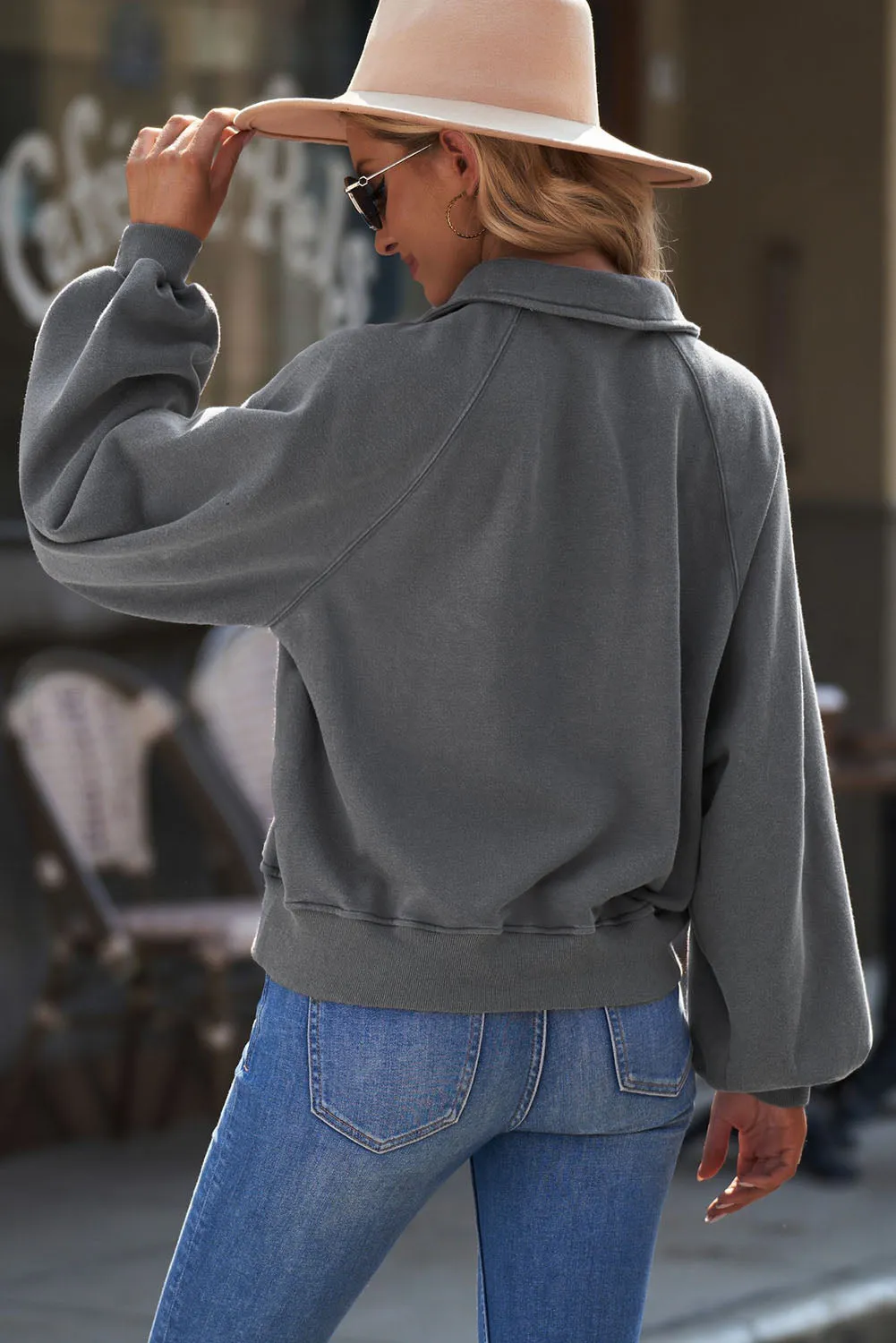 Felix Quarter-Snap Collared Lantern Sleeve Sweatshirt