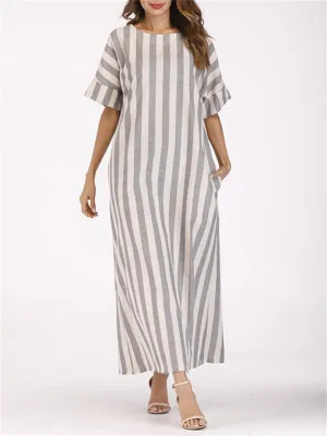 Female Gray White Striped Round Neck Pocket Dress