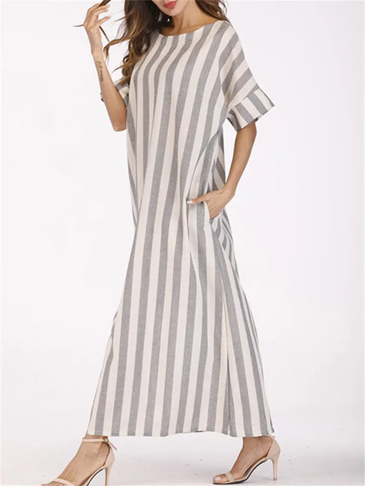 Female Gray White Striped Round Neck Pocket Dress