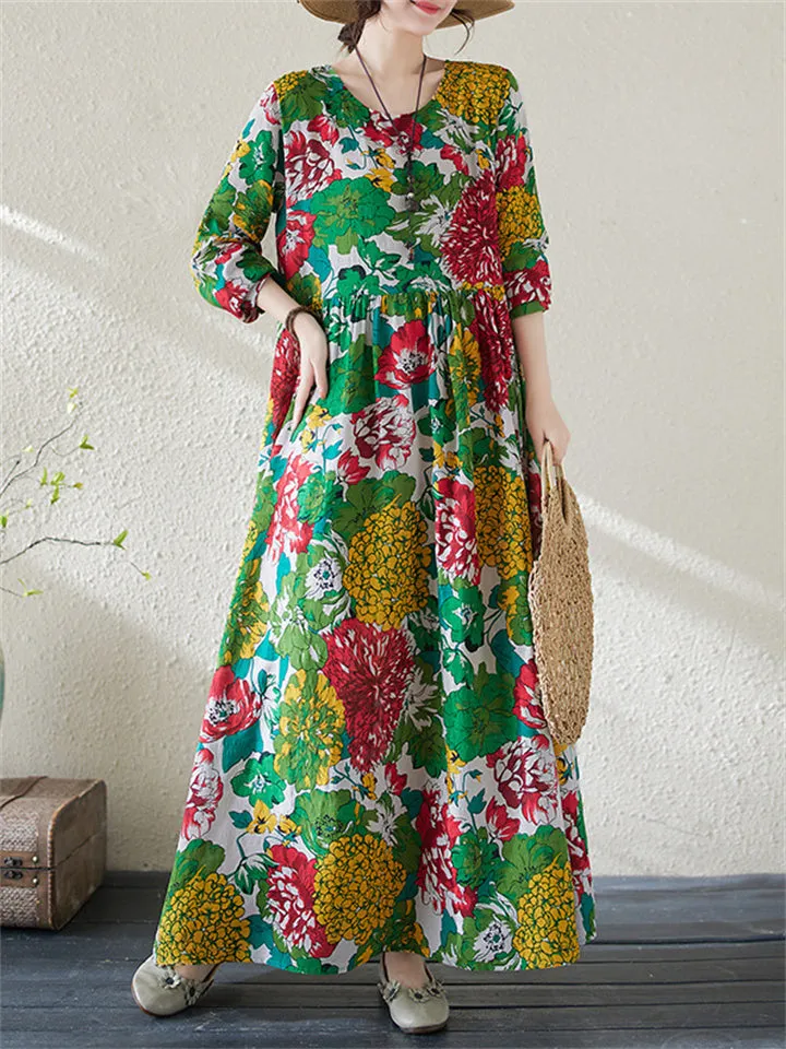 Female Holiday Round Neck Flowers Maxi Dresses