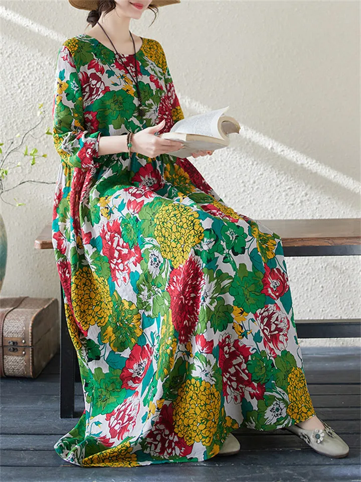 Female Holiday Round Neck Flowers Maxi Dresses