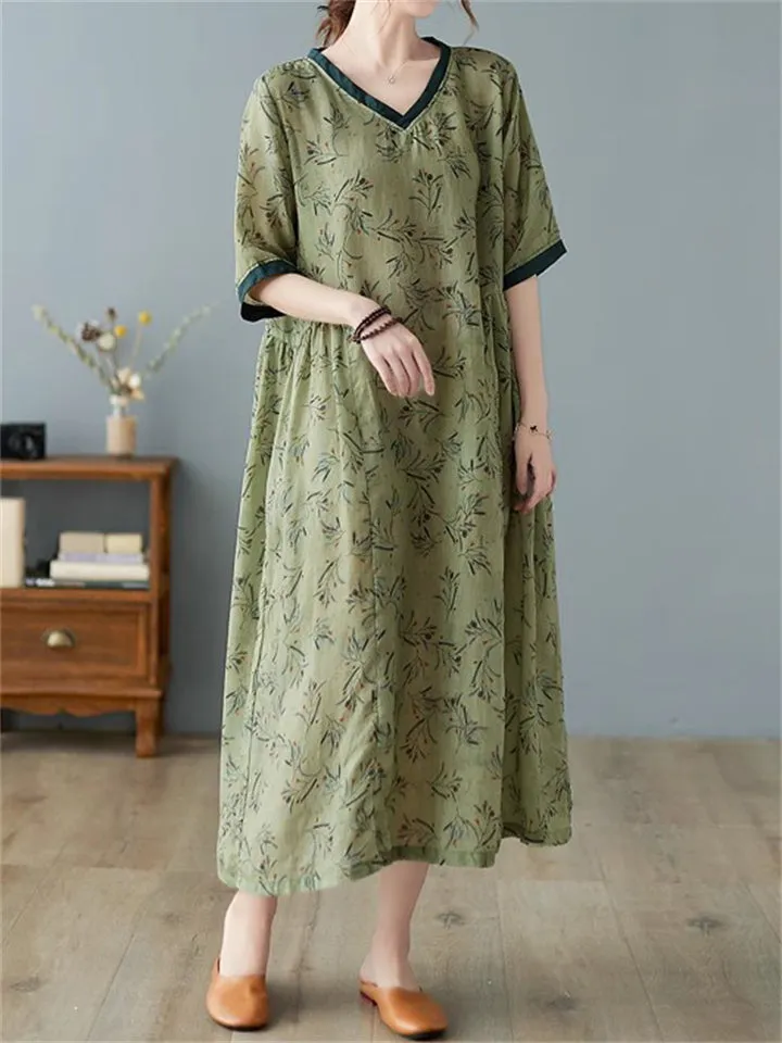 Female Retro Print V Neck Short Sleeve Linen Loose Dress