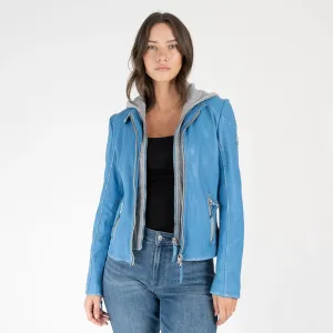 Finja Hooded Leather Jacket - Blue Lagoon