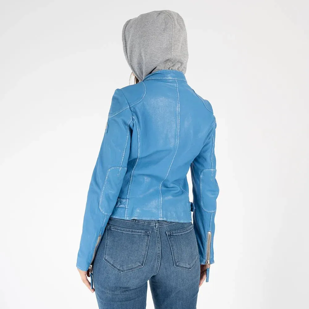 Finja Hooded Leather Jacket - Blue Lagoon