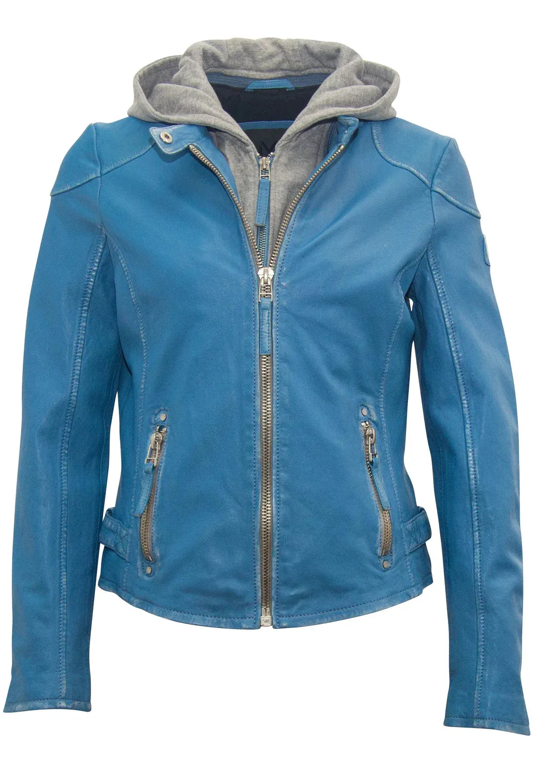Finja Hooded Leather Jacket - Blue Lagoon