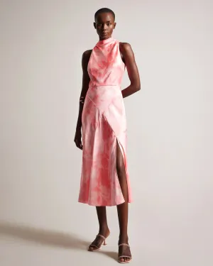 Foreste Cowl Neck Bias Cut Midi Dress - Coral