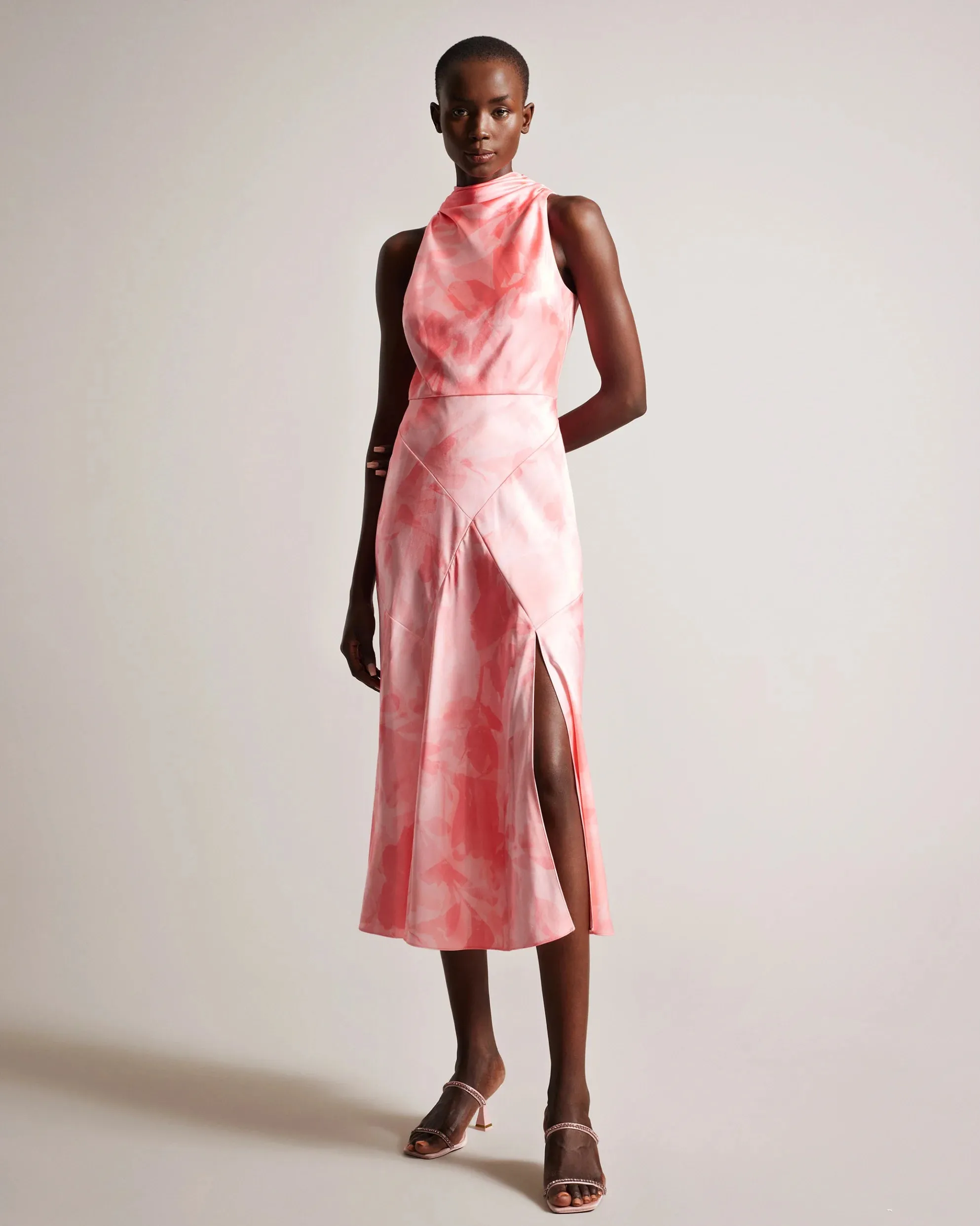 Foreste Cowl Neck Bias Cut Midi Dress - Coral