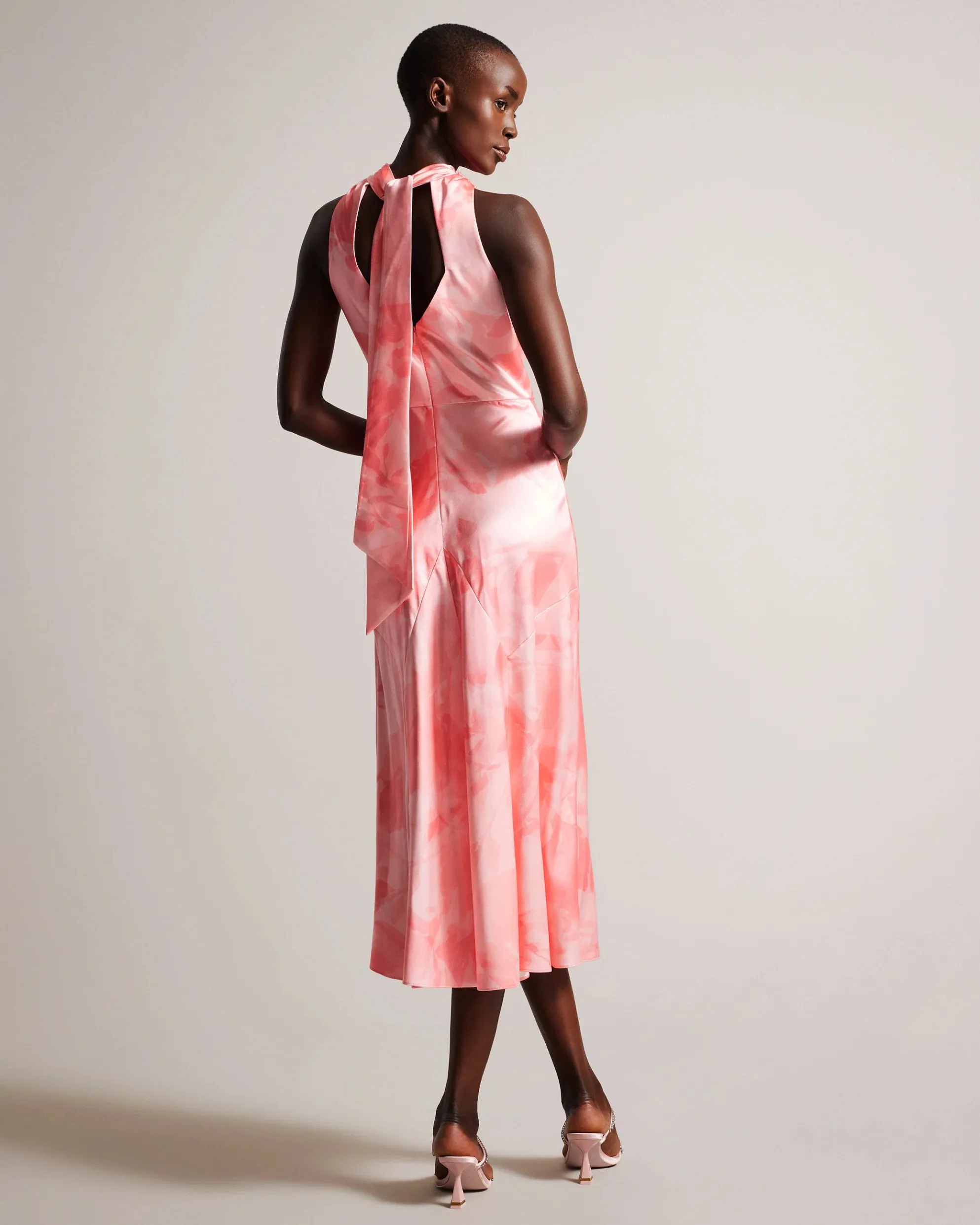 Foreste Cowl Neck Bias Cut Midi Dress - Coral