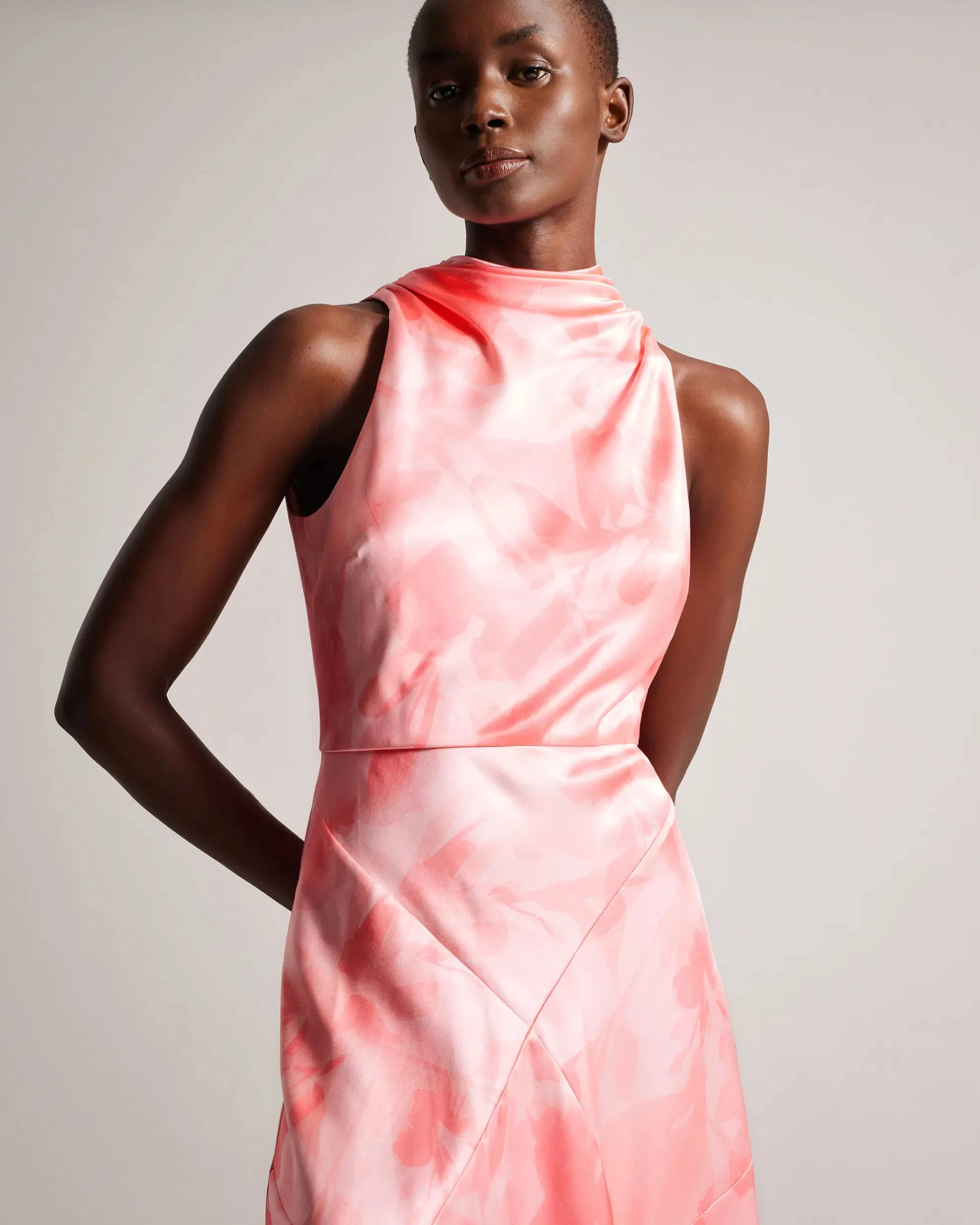 Foreste Cowl Neck Bias Cut Midi Dress - Coral