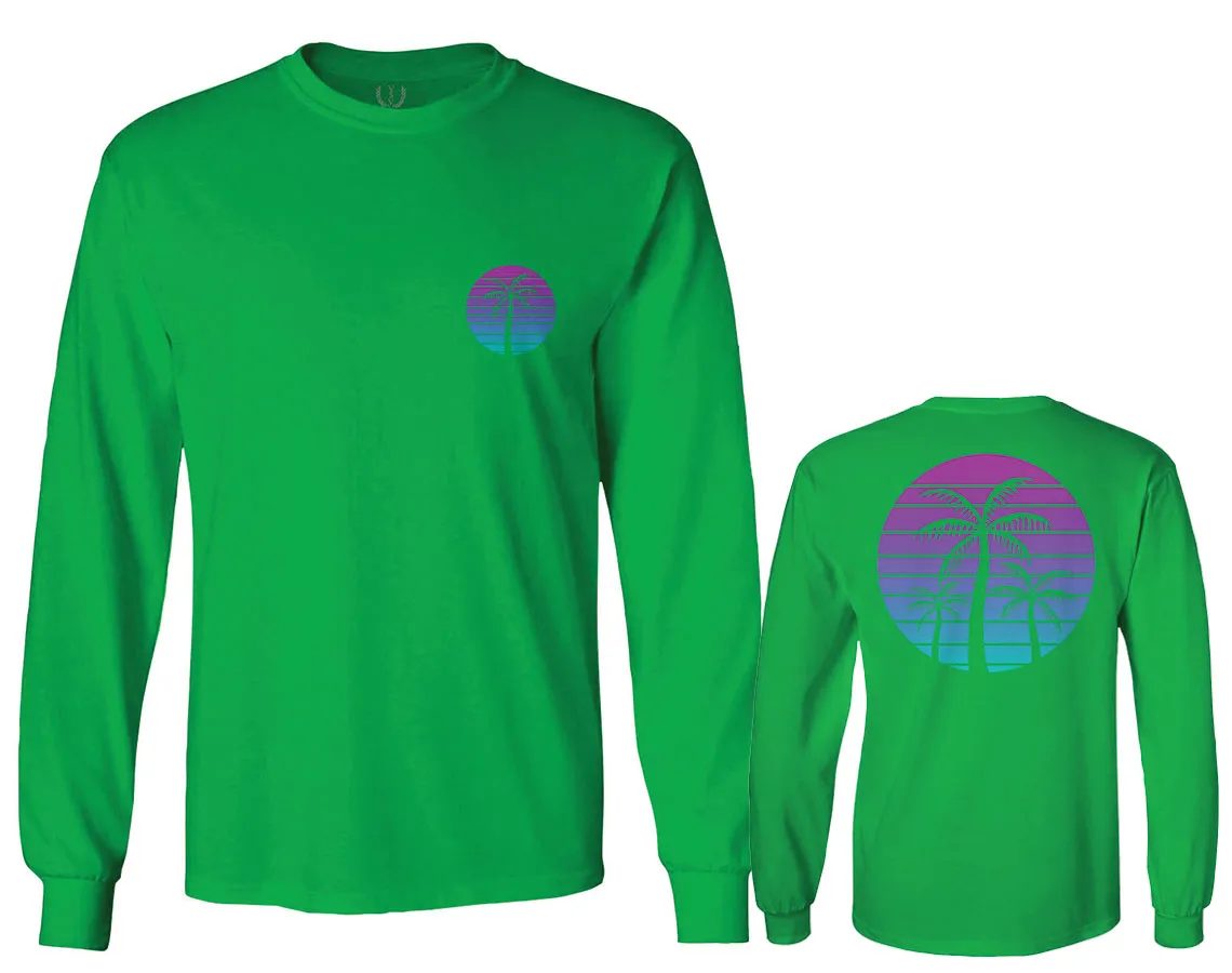 Front and Back Vaporwave Palm Trees Aesthetics Art Beach surf Sunset mens Long sleeve t shirt